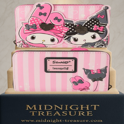 Portefeuille Loungefly – Sanrio – My Melody & Kuromi – Sweet Treats – 16 x 10 cm. Portefeuille rose pastel orné de sucreries, parfait pour les fans de kawaii et de Sanrio