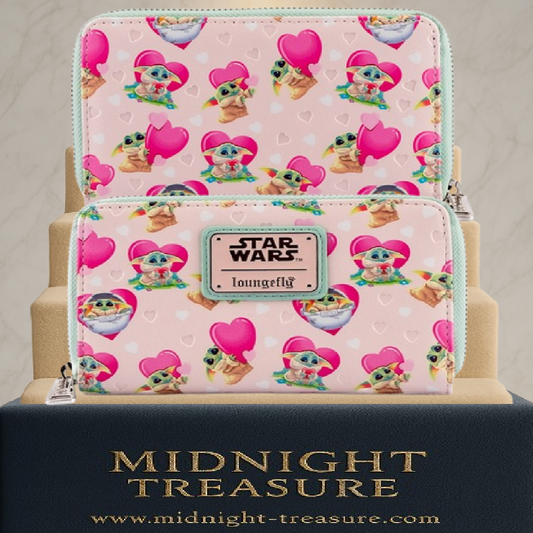 Portefeuille Loungefly â Star Wars â Grogu Valentineâs Day â The Mandalorian. Motifs de Baby Yoda avec cĆurs roses sur fond pastel. Un accessoire irrĂ©sistible pour les fans de Star Wars.