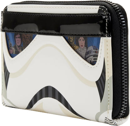 Vue de face du portefeuille Loungefly Star Wars Stormtrooper, avec un design inspiré du casque des soldats impériaux, en blanc et noir. Produit officiel sous licence.