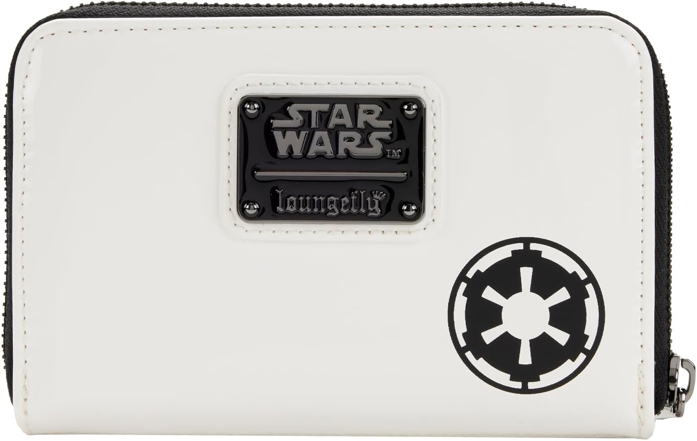 Vue de face du portefeuille Loungefly Star Wars Stormtrooper, avec un design inspiré du casque des soldats impériaux, en blanc et noir. Produit officiel sous licence.