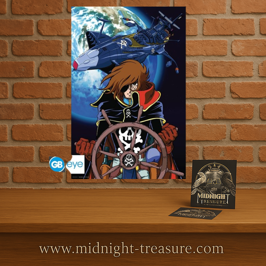 Poster Albator – 91 x 61 cm. Le capitaine Albator au gouvernail de l’Arcadia avec la Terre en arrière-plan. Illustration spatiale emblématique signée GB Eye.