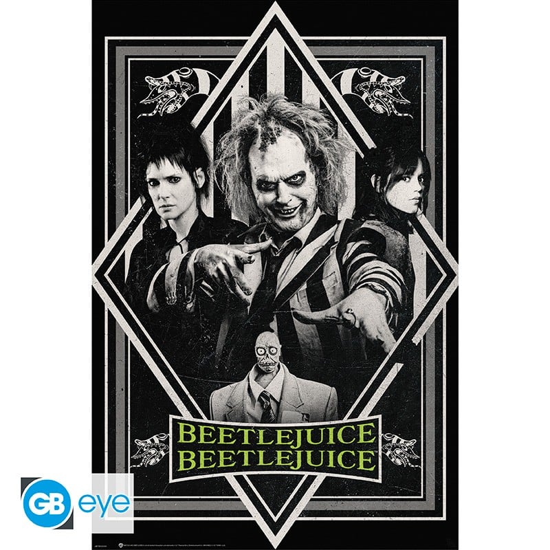 Poster Beetlejuice Beetlejuice (2024) – 91 x 61 cm – Officiel. Beetlejuice entouré de nouveaux personnages dans un design noir et vert à l’esthétique gothique signée Tim Burton.