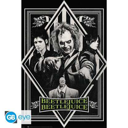 Poster Beetlejuice Beetlejuice (2024) – 91 x 61 cm – Officiel. Beetlejuice entouré de nouveaux personnages dans un design noir et vert à l’esthétique gothique signée Tim Burton.