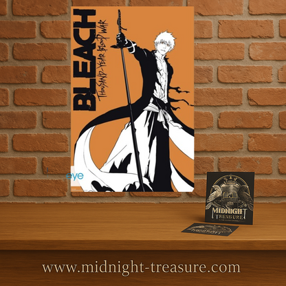 Poster Bleach – Ichigo – Thousand-Year Blood War – 91 x 61 cm. Illustration stylisée d’Ichigo en noir, blanc et orange dans une pose de combat.