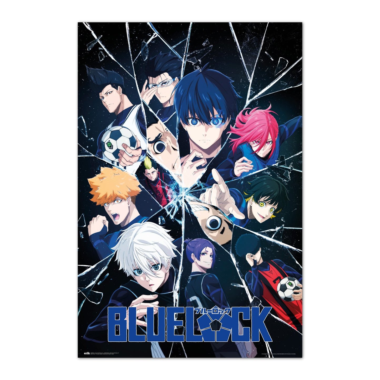 Poster Blue Lock – Partners & Rivals – 61 x 91 cm. Illustration des protagonistes de Blue Lock autour d’un effet de verre brisé, représentant la rivalité intense entre les joueurs.