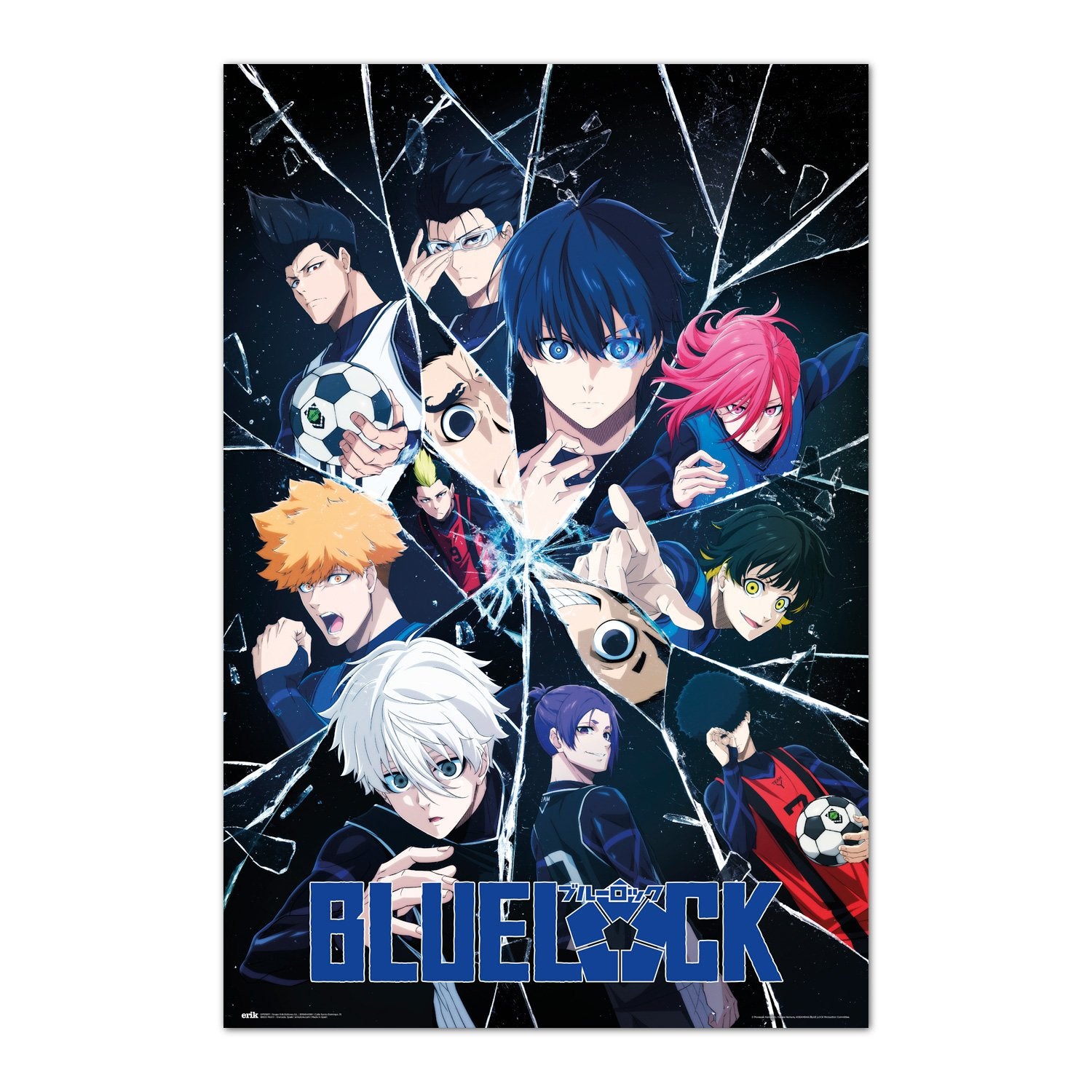 Poster Blue Lock – Partners & Rivals – 61 x 91 cm. Illustration des protagonistes de Blue Lock autour d’un effet de verre brisé, représentant la rivalité intense entre les joueurs.