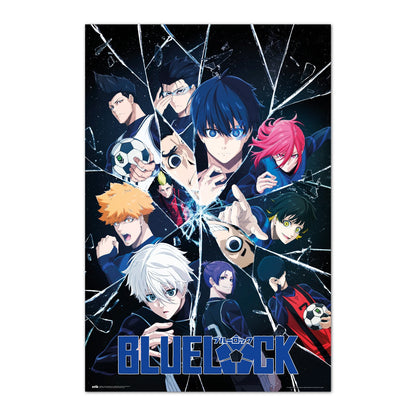 Poster Blue Lock – Partners & Rivals – 61 x 91 cm. Illustration des protagonistes de Blue Lock autour d’un effet de verre brisé, représentant la rivalité intense entre les joueurs.