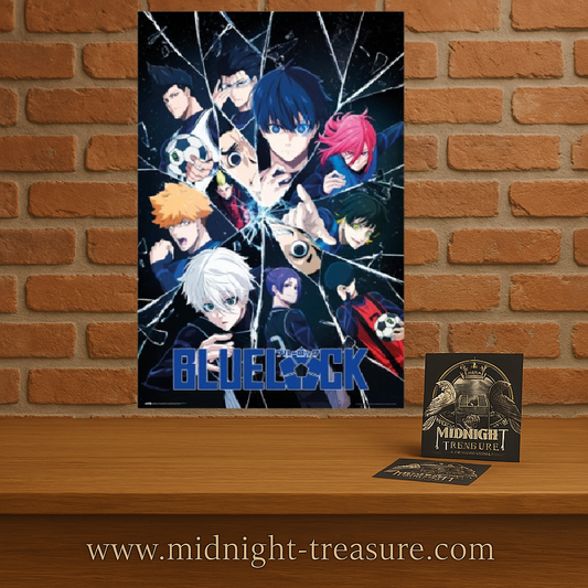 Poster Blue Lock – Partners & Rivals – 61 x 91 cm. Illustration des protagonistes de Blue Lock autour d’un effet de verre brisé, représentant la rivalité intense entre les joueurs.