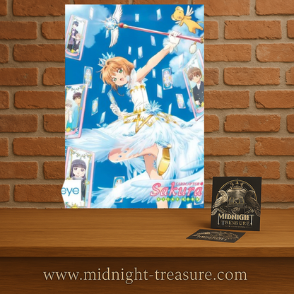 Poster Cardcaptor Sakura – Clear Card – 91 x 61 cm. Illustration officielle de Sakura entourée des cartes magiques et de Kero.