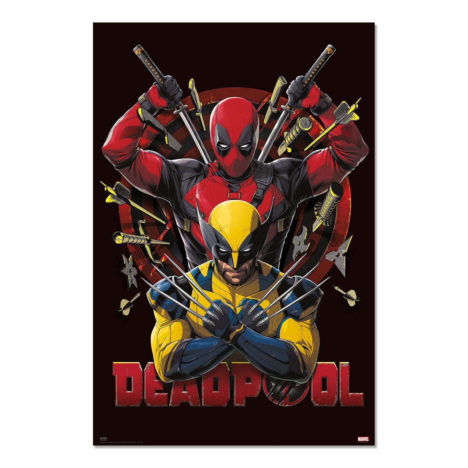 Poster Marvel – Deadpool & Wolverine – Fight – 61 x 91 cm – Officiel. Illustration dynamique avec Wolverine en avant-plan, griffes croisées, et Deadpool armé de katanas derrière lui.