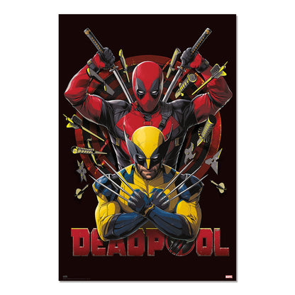 Poster Marvel – Deadpool & Wolverine – Fight – 61 x 91 cm – Officiel. Illustration dynamique avec Wolverine en avant-plan, griffes croisées, et Deadpool armé de katanas derrière lui.