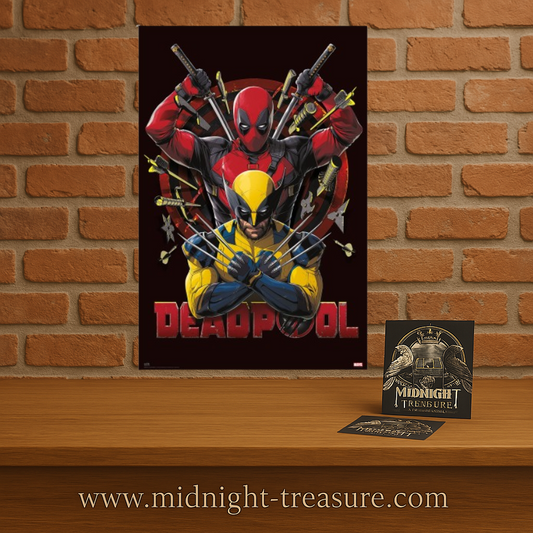 Poster Marvel – Deadpool & Wolverine – Fight – 61 x 91 cm – Officiel. Illustration dynamique avec Wolverine en avant-plan, griffes croisées, et Deadpool armé de katanas derrière lui.