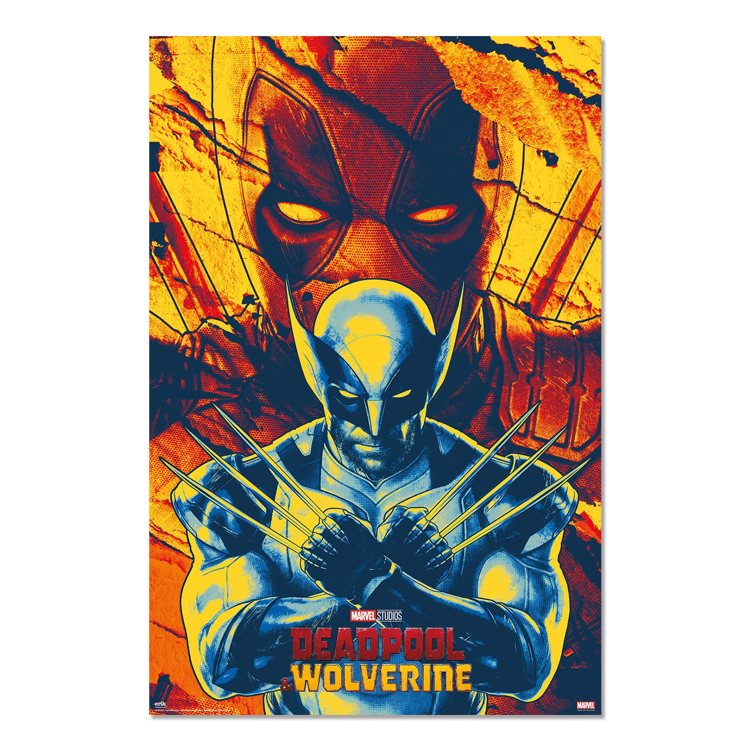 Poster Marvel – Deadpool & Wolverine – Retro – 61 x 91 cm – Officiel. Wolverine en premier plan, griffes croisées, avec Deadpool en arrière-plan. Style rétro explosif aux couleurs rouge, jaune et bleu.