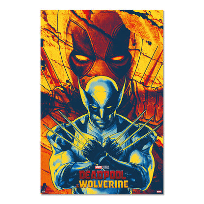 Poster Marvel – Deadpool & Wolverine – Retro – 61 x 91 cm – Officiel. Wolverine en premier plan, griffes croisées, avec Deadpool en arrière-plan. Style rétro explosif aux couleurs rouge, jaune et bleu.