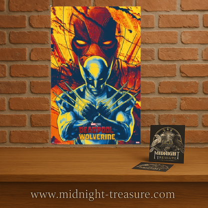 Poster Marvel – Deadpool & Wolverine – Retro – 61 x 91 cm – Officiel. Wolverine en premier plan, griffes croisées, avec Deadpool en arrière-plan. Style rétro explosif aux couleurs rouge, jaune et bleu.