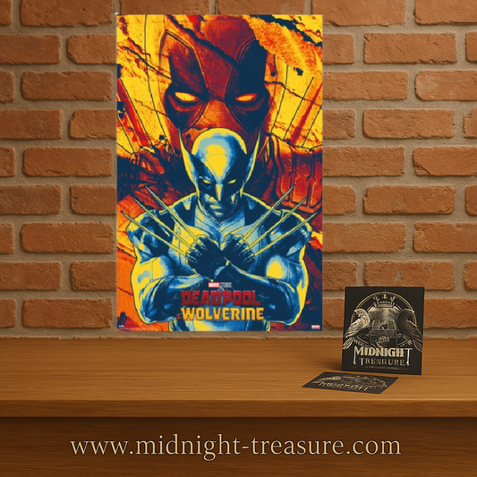 Poster Marvel – Deadpool & Wolverine – Retro – 61 x 91 cm – Officiel. Wolverine en premier plan, griffes croisées, avec Deadpool en arrière-plan. Style rétro explosif aux couleurs rouge, jaune et bleu.