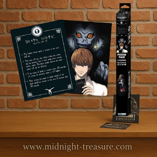 Set de 2 posters Death Note – Light Yagami et Ryuk – 52 x 38 cm. Affiches officielles avec le Death Note et les règles du carnet.