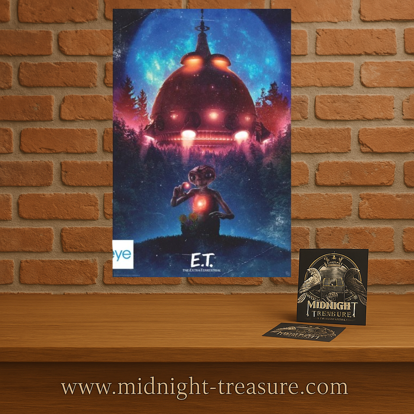 Poster E.T. – Vaisseau – 91 x 61 cm. Illustration d’E.T. debout face à son vaisseau spatial sous un ciel étoilé aux couleurs cosmiques.