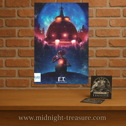Poster E.T. – Vaisseau – 91 x 61 cm. Illustration d’E.T. debout face à son vaisseau spatial sous un ciel étoilé aux couleurs cosmiques.