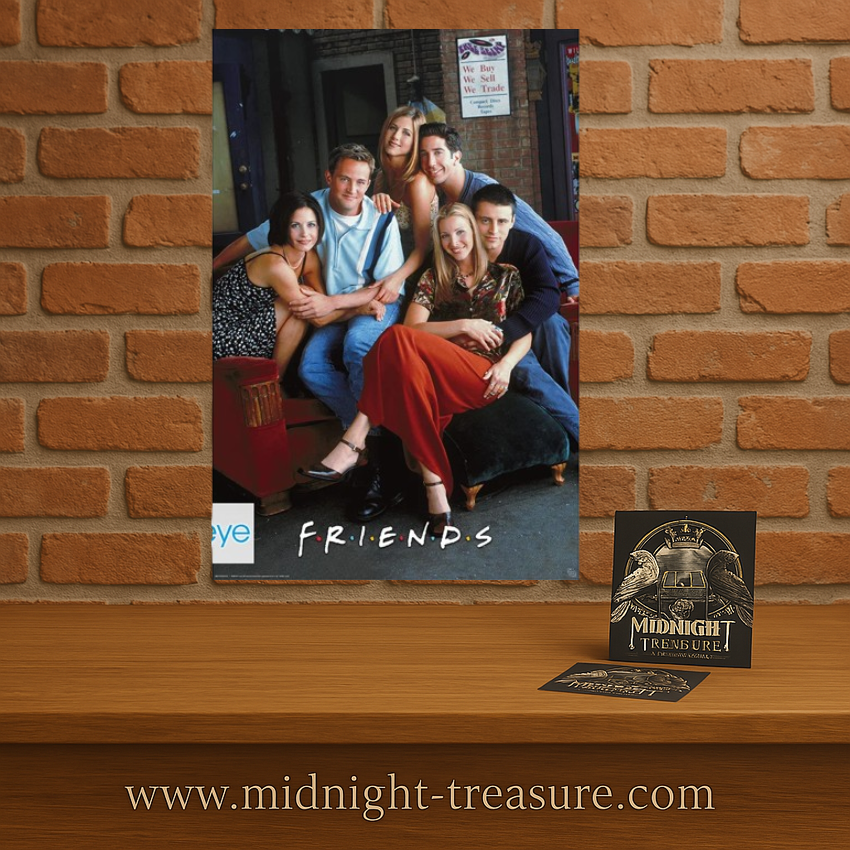 Poster Friends – Groupe iconique – 91 x 61 cm. Photo des six personnages principaux réunis dans un décor urbain, ambiance classique de la série.