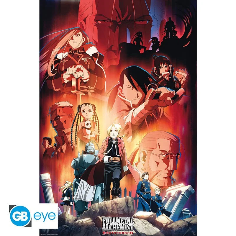 Poster Fullmetal Alchemist – Key Art – 91 x 61 cm. Composition regroupant les personnages principaux et antagonistes de Brotherhood dans une ambiance rouge et épique.