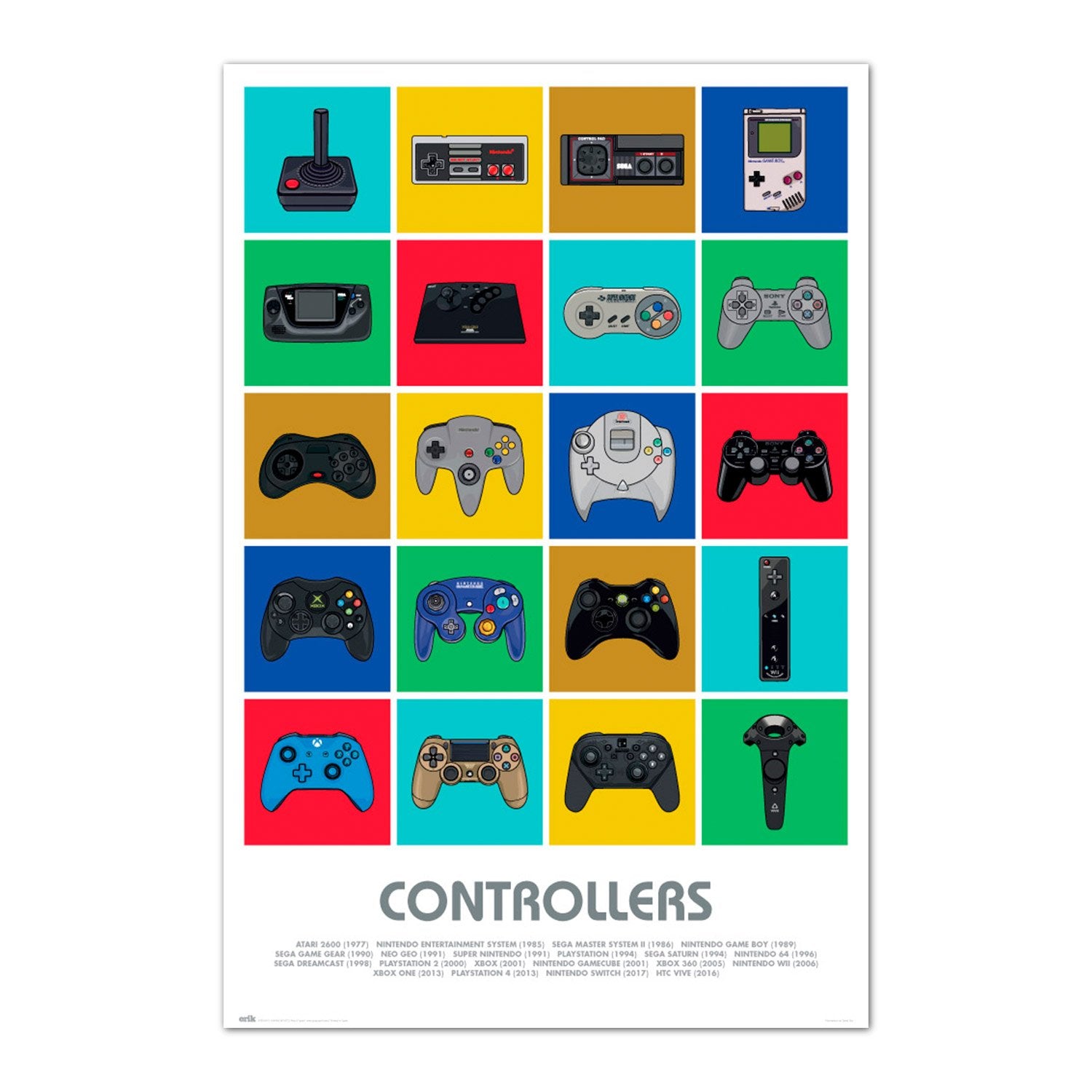 Poster Gamers Manettes – 61 x 91,5 cm. Illustrations colorées des manettes de consoles de jeux vidéo allant du rétro à la nouvelle génération. Un incontournable pour les passionnés de gaming.

