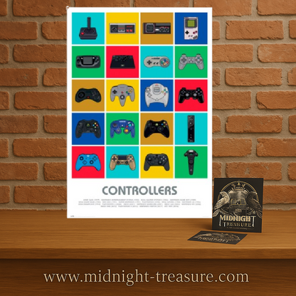 Poster Gamers Manettes – 61 x 91,5 cm. Illustrations colorées des manettes de consoles de jeux vidéo allant du rétro à la nouvelle génération. Un incontournable pour les passionnés de gaming.

