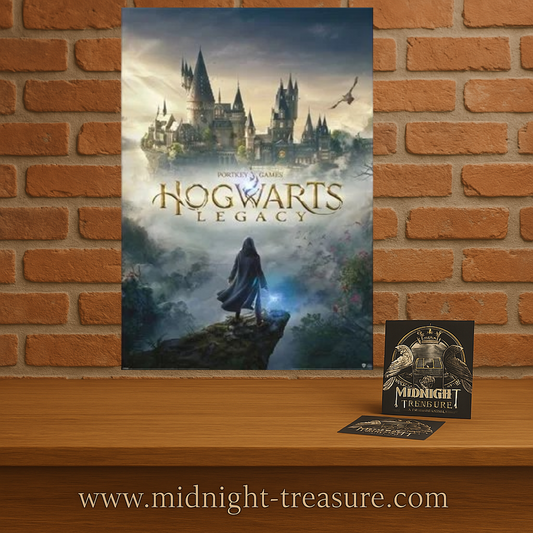 Poster Hogwarts Legacy – Wizarding World Universe – 61 x 91 cm. Illustration d’un sorcier face au château de Poudlard dans une ambiance magique et brumeuse.
