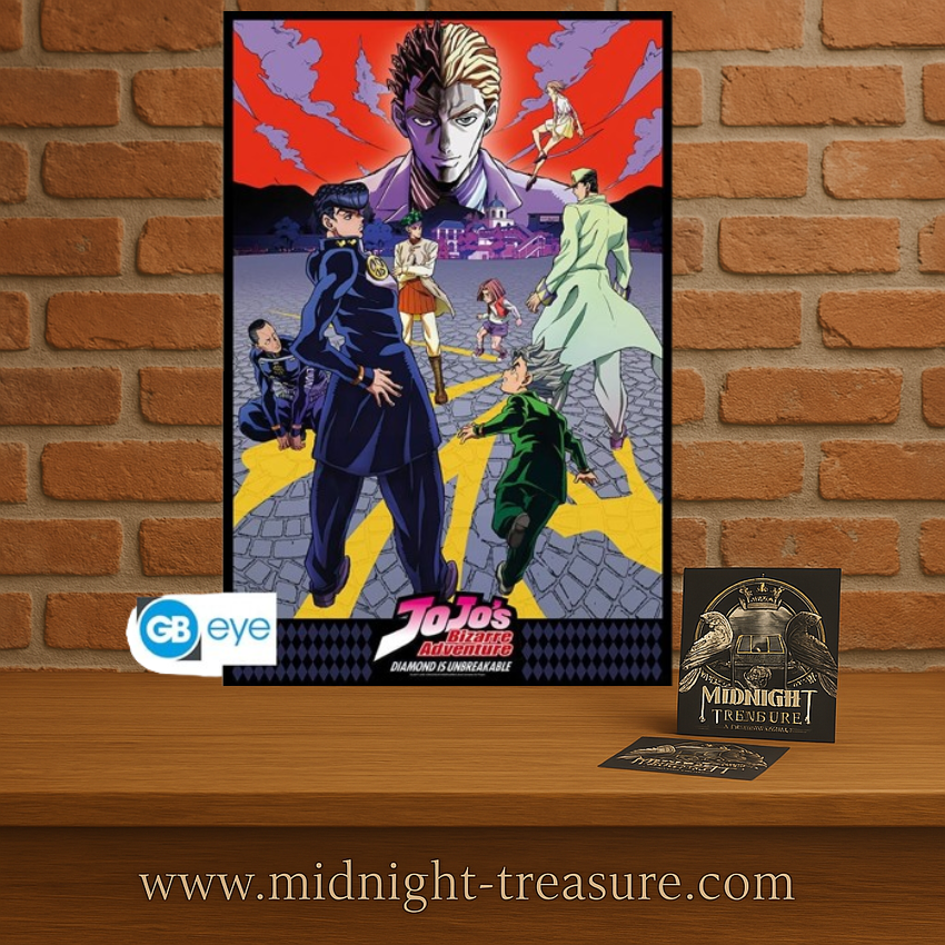 Poster JoJo’s Bizarre Adventure – Diamond is Unbreakable – 91 x 61 cm – Officiel. Josuke et ses amis se tiennent prêts face à Yoshikage Kira sous un ciel rouge intense.