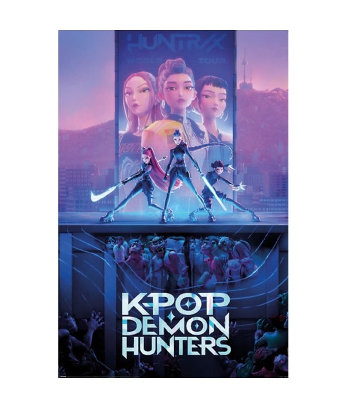 Poster K-POP DEMON HUNTERS – 61 x 91 cm. Les héroïnes du groupe HUNTRAX prêtes à combattre des démons sous une esthétique futuriste et colorée.