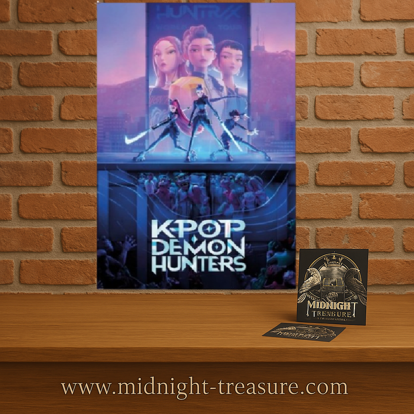 Poster K-POP DEMON HUNTERS – 61 x 91 cm. Les héroïnes du groupe HUNTRAX prêtes à combattre des démons sous une esthétique futuriste et colorée.