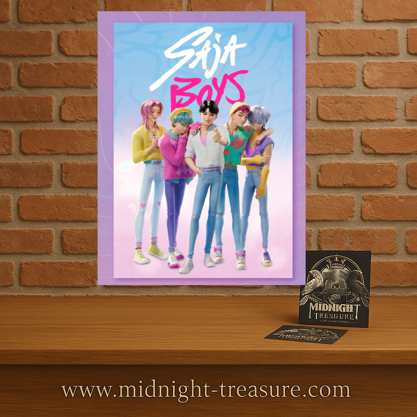 Poster K-pop Demon Hunters – Saja Boys – 61 x 91 cm. Illustration stylisée du groupe Saja Boys dans une esthétique pastel inspirée de la K-pop.