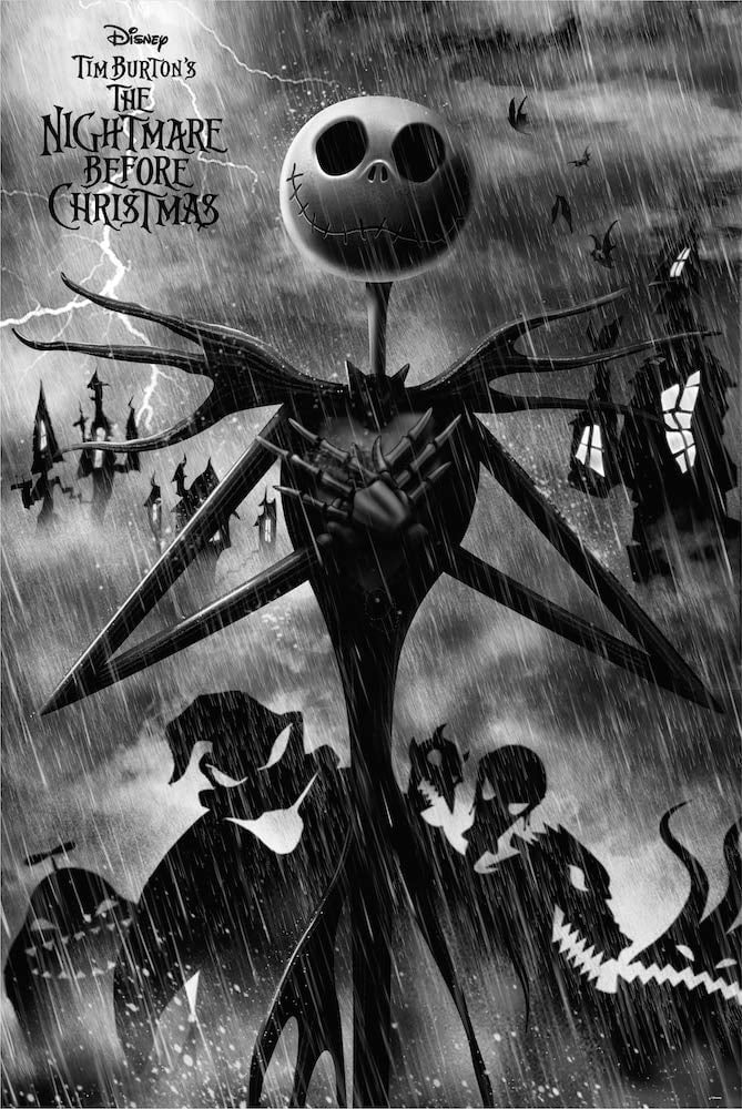 Poster L’Étrange Noël de Mr Jack – Rain – 61 x 91,5 cm – Disney. Jack Skellington sous une pluie battante, entouré de silhouettes inquiétantes. Un visuel gothique et poétique parfait pour les fans de Tim Burton.

