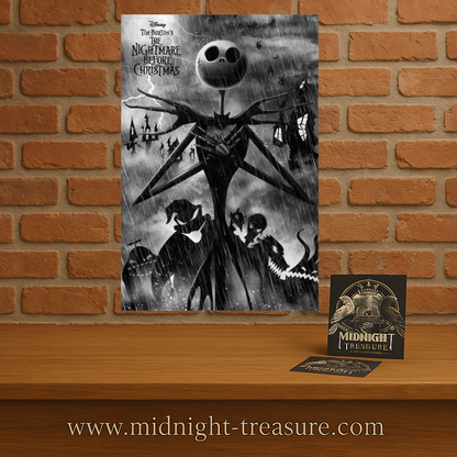 Poster L’Étrange Noël de Mr Jack – Rain – 61 x 91,5 cm – Disney. Jack Skellington sous une pluie battante, entouré de silhouettes inquiétantes. Un visuel gothique et poétique parfait pour les fans de Tim Burton.

