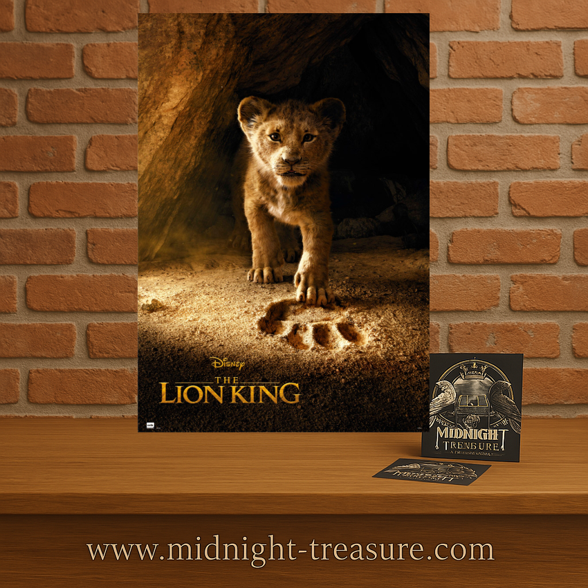 Poster Le Roi Lion – Simba – 61 x 91 cm. Illustration réaliste de Simba lionceau avançant vers l’empreinte de Mufasa dans une scène symbolique.