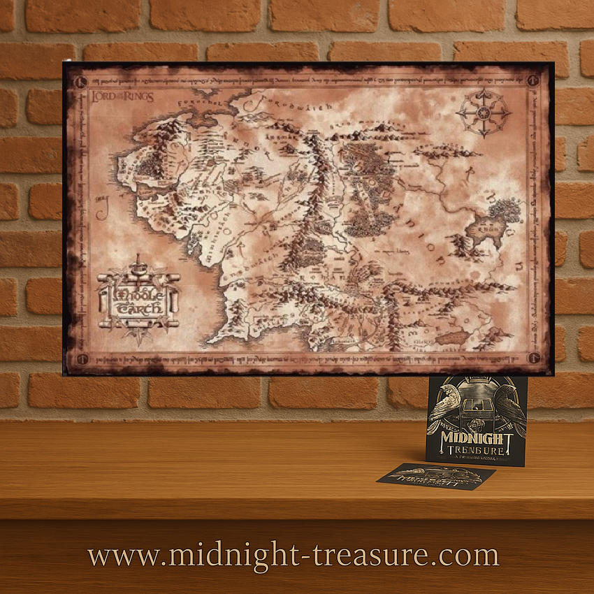 Poster Le Seigneur des Anneaux – Carte de la Terre du Milieu – 91 x 61 cm – Officiel. Carte détaillée du monde de Tolkien avec style parchemin ancien et annotations elfiques.