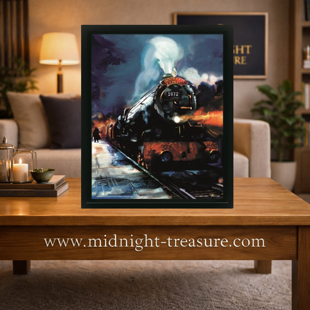 Poster lenticulaire 3D Harry Potter représentant le Poudlard Express arrivant en gare. Cadre officiel Warner Bros de 29 × 24 cm offrant un effet de profondeur spectaculaire, idéal pour les fans du monde des sorciers.