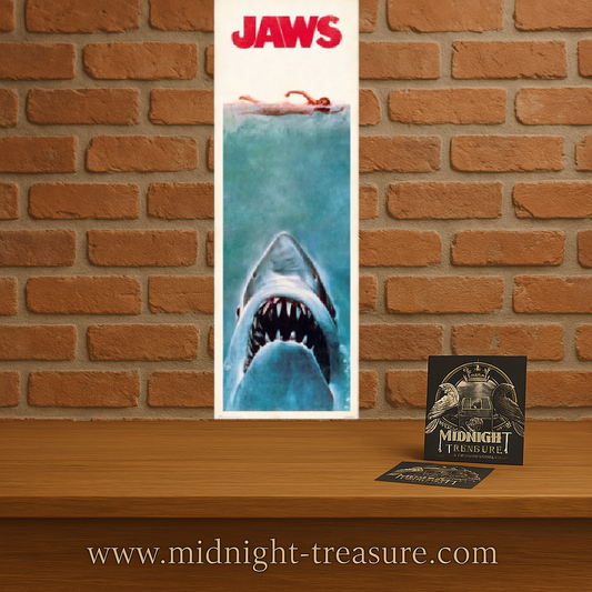 Poster de porte Les Dents de la Mer – 53 x 158 cm – Universal. Illustration culte du film Jaws avec le requin géant prêt à attaquer. Une décoration intense pour les passionnés de cinéma d’horreur.