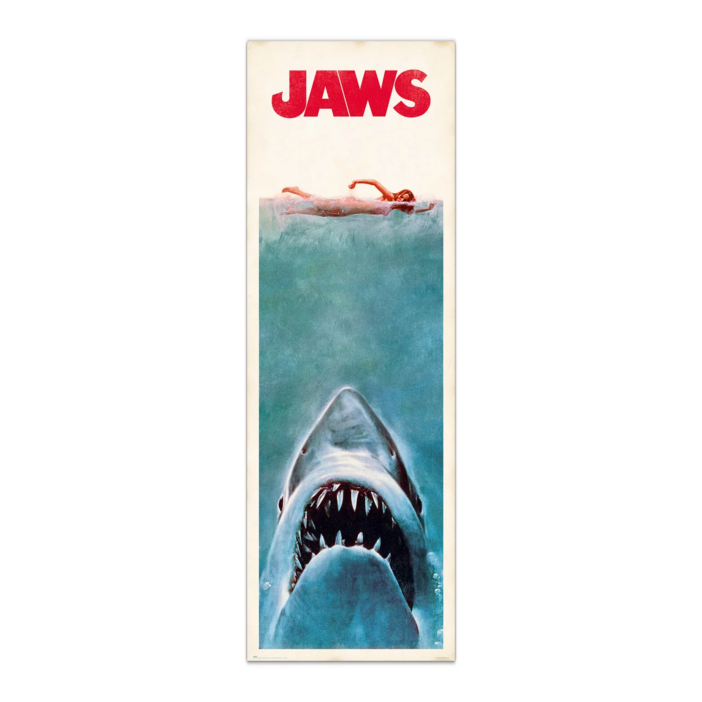 Poster de porte Les Dents de la Mer – 53 x 158 cm – Universal. Illustration culte du film Jaws avec le requin géant prêt à attaquer. Une décoration intense pour les passionnés de cinéma d’horreur.