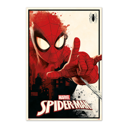 Poster Marvel Spider-Man THWIP – 61 x 91,5 cm. Illustration dynamique de Spider-Man lançant sa toile avec un arrière-plan urbain stylisé. Un must-have pour les fans de Marvel et de super-héros.


