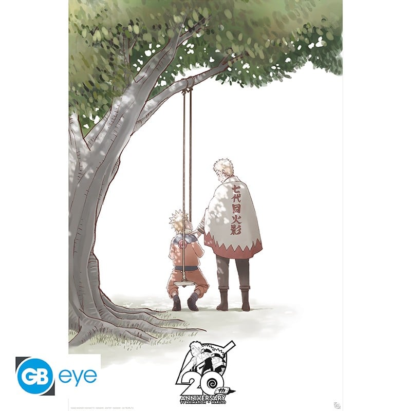 Poster Naruto Shippuden – 20e Anniversaire – 91 x 61 cm. Illustration de Naruto enfant sur une balançoire observé par Naruto adulte sous un arbre, scène symbolique de son évolution.