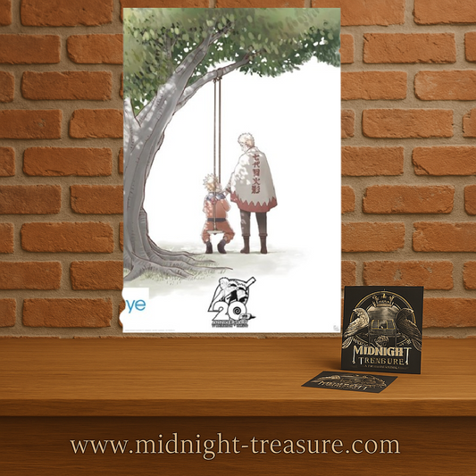 Poster Naruto Shippuden – 20e Anniversaire – 91 x 61 cm. Illustration de Naruto enfant sur une balançoire observé par Naruto adulte sous un arbre, scène symbolique de son évolution.
