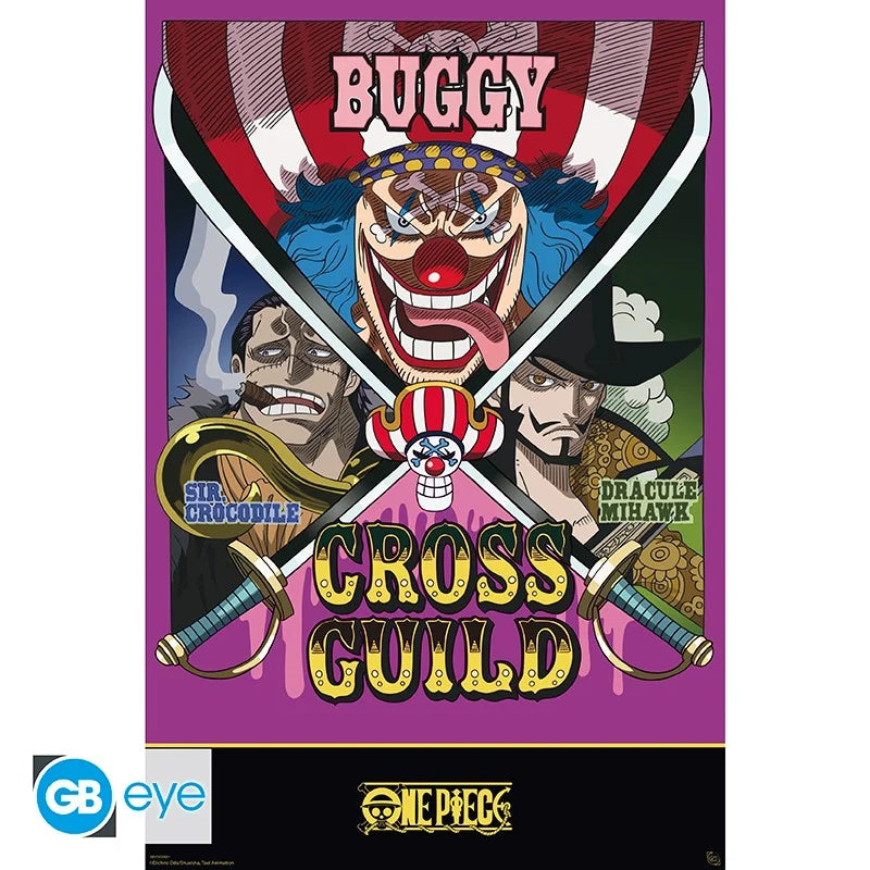 Poster One Piece – Cross Guild – 91 x 61 cm. Illustration de Buggy, Dracule Mihawk et Sir Crocodile réunis au sein de la Cross Guild.