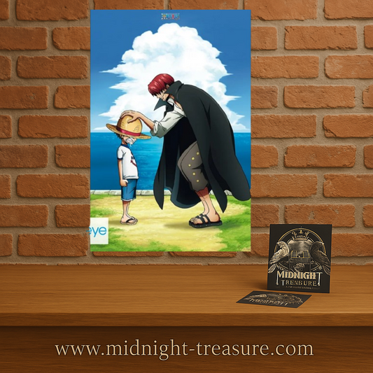 Poster One Piece – Shanks et Luffy – 91 x 61 cm. Illustration des débuts de l’aventure One Piece montrant Shanks face à un jeune Luffy.
