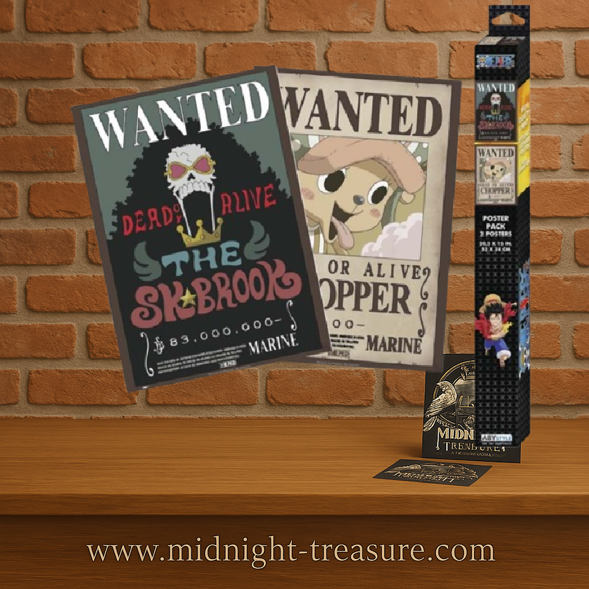 Set de 2 posters One Piece – Wanted Tony Tony Chopper et Brook – 52 x 38 cm. Affiches style avis de recherche de la Marine.