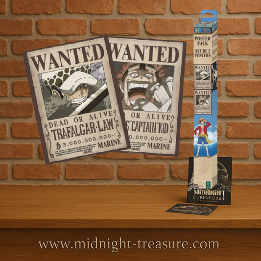 Set de 2 posters One Piece – Wanted Trafalgar Law et Eustass Kid – 52 x 38 cm. Avis de recherche style Wano avec prime de 3 milliards de berrys chacun.