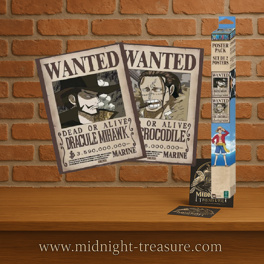 Set de 2 posters One Piece – Wanted Dracule Mihawk et Sir Crocodile – 52 x 38 cm. Avis de recherche officiels inspirés de l’arc post-Wano et de la Cross Guild.