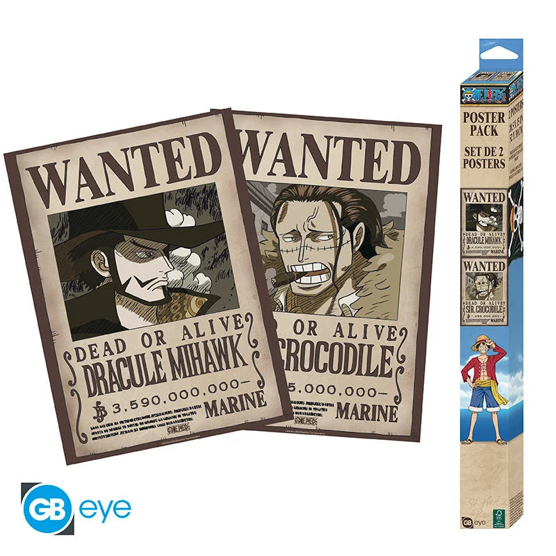 🗞️🏴‍☠️ One Piece – Wanted Mihawk & Crocodile – Set de 2 posters 52 x 38 cm 🏴‍☠️🗞️