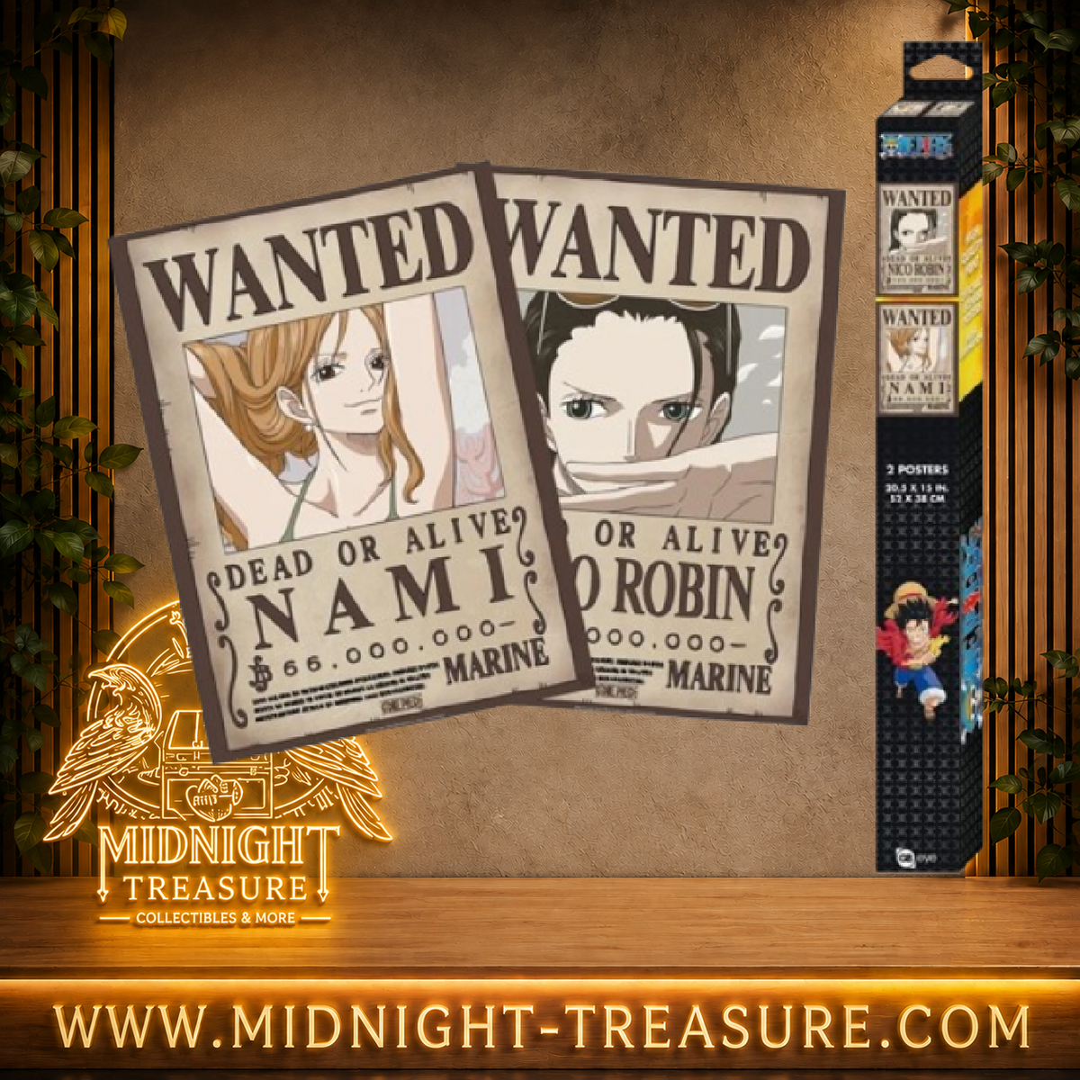 Set de 2 posters One Piece Wanted Nami et Nico Robin 52 x 38 cm par GB eye, avec leurs affiches de recherche de la Marine et leurs primes de 66 et 130 millions de berrys.