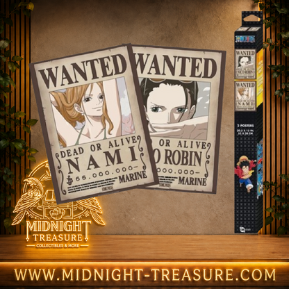 Set de 2 posters One Piece Wanted Nami et Nico Robin 52 x 38 cm par GB eye, avec leurs affiches de recherche de la Marine et leurs primes de 66 et 130 millions de berrys.
